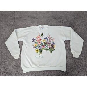 Vintage Hanes Sweater Women Extra Large White Pullover Flower Print Beaver Creek